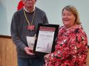 Lyn Alfman, N8IMW, on the right, is presented with the 2023 ARRL Philip J. McGan Memorial Silver Antenna Award by ARRL Great Lakes Division Director Dale Williams, WA8EFK.